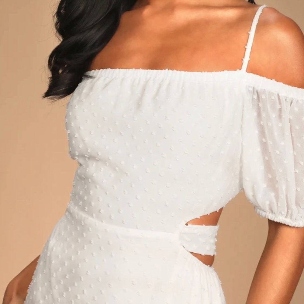 Lulus Romantic Revelation White Swiss Dot Off-the-Shoulder Midi Dress